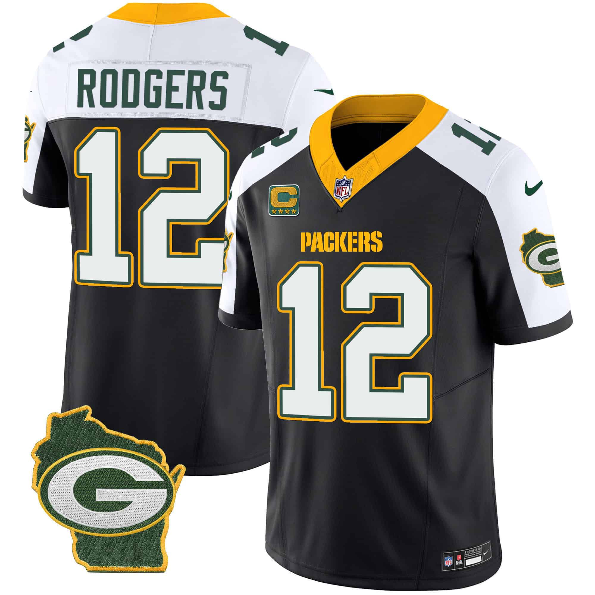 Men Green Bay Packers #12 Rodgers Black 2024 Nike Home Patch Vapor NFL Jersey